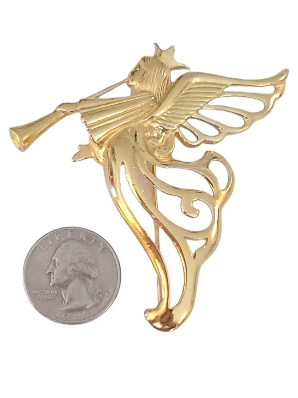 Givenchy Gold Tone Angel Blowing Horn Brooch Pin, Signed M456
